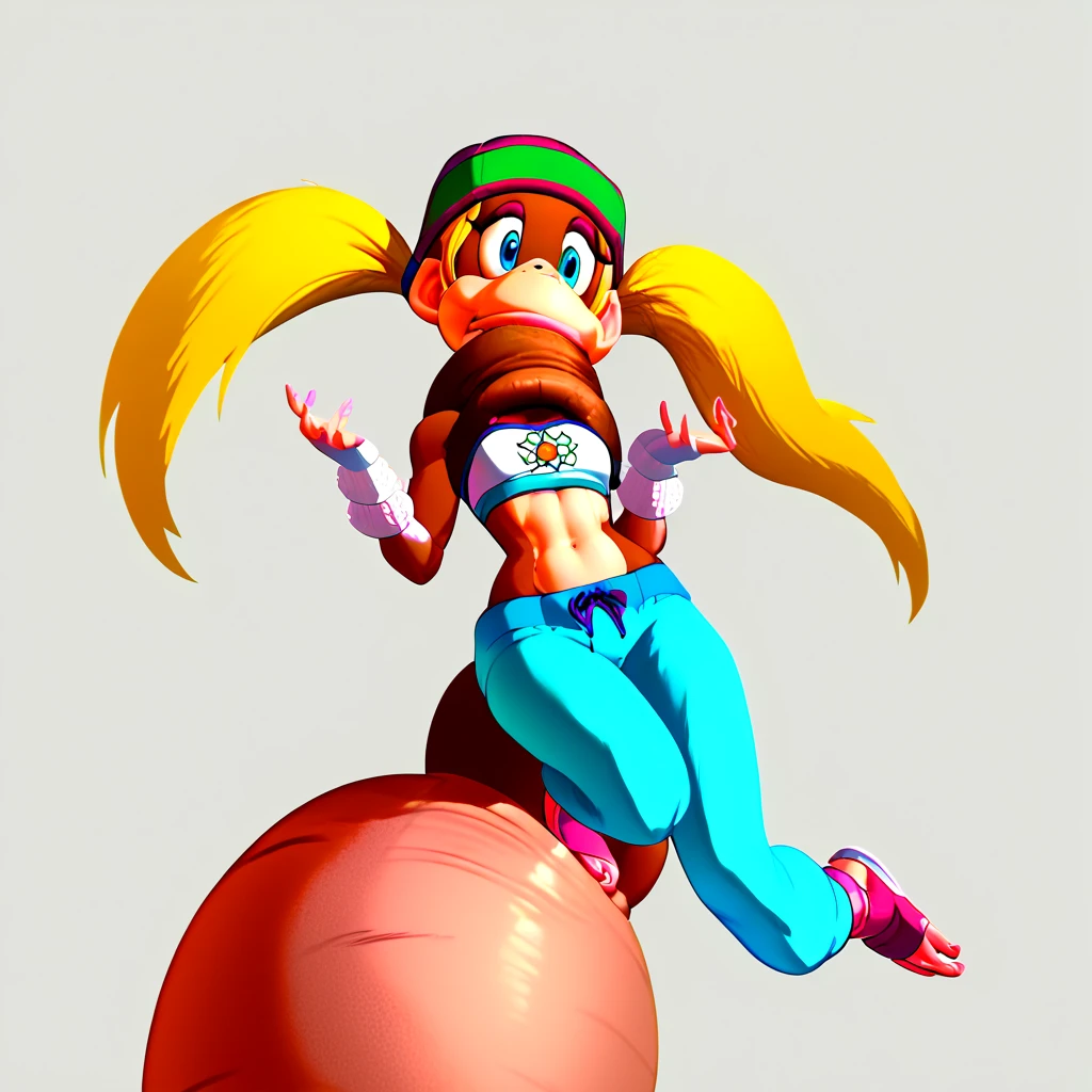 score_9, score_8_up, score_7_up, score_6_up, score_5_up, score_4_up, 1girl, solo, cellvore, tail vore, t_kong, beanie, blonde hair, twintails, blue eyes, crop top, wristband, midriff