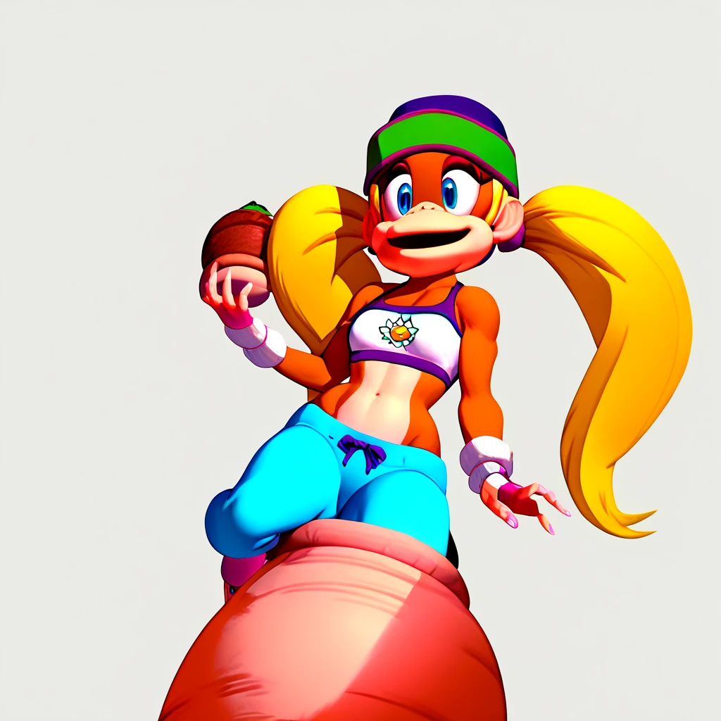 score_9, score_8_up, score_7_up, score_6_up, score_5_up, score_4_up, 1girl, solo, cellvore, tail vore, t_kong, beanie, blonde hair, twintails, blue eyes, crop top, wristband, midriff
