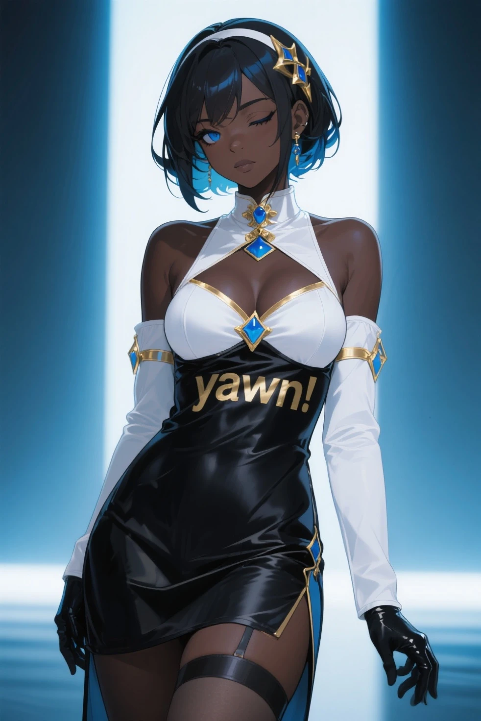 Elf girl, dark skin, black hair, yellow eyes, big boddy, Wearing sexy dress