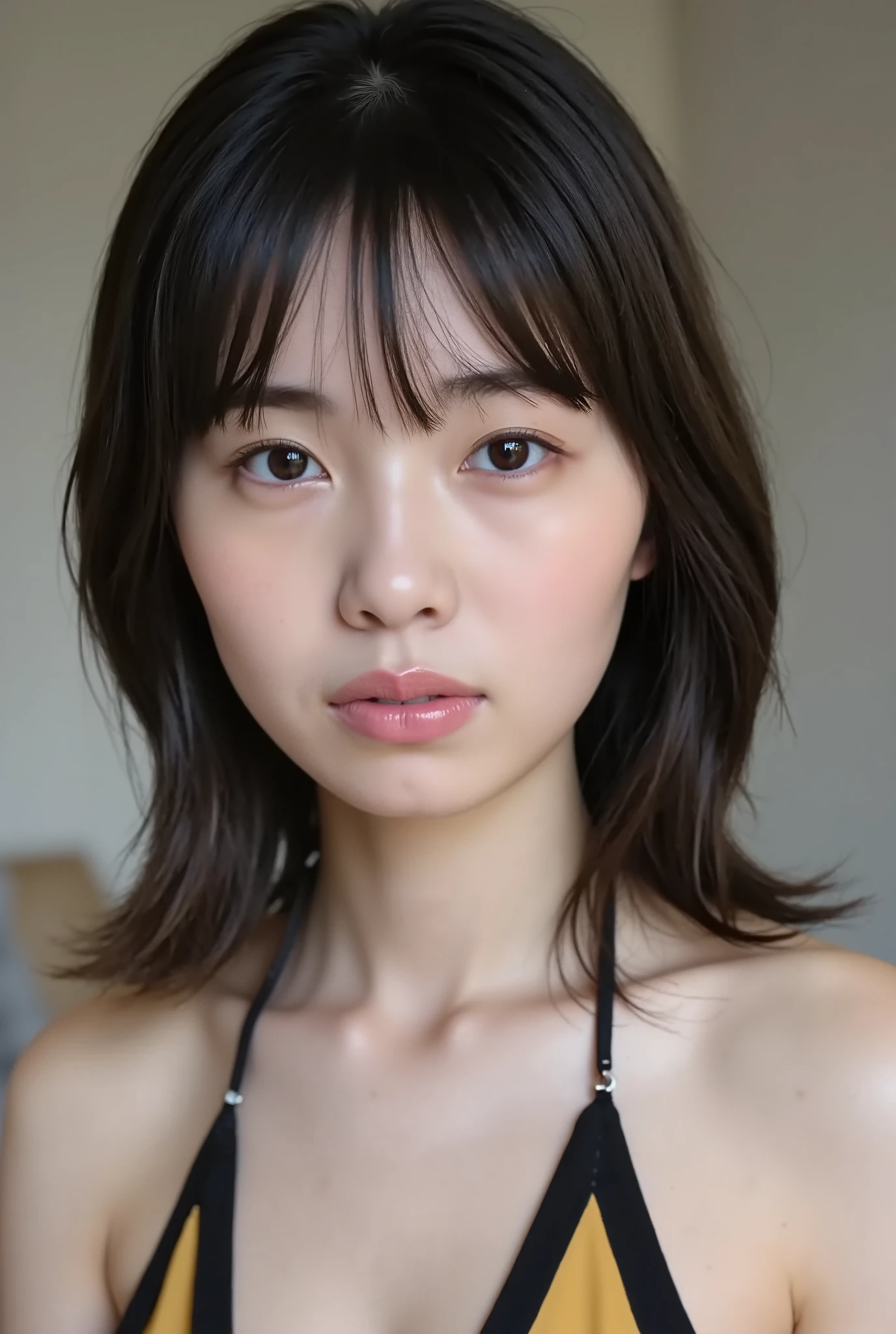 (( Highest Quality )), ((masterpiece)), ( details), Japanese, two-tone swimsuit ,1 girl on break day, sexy,( in the bedroom),((( extremely large breasts , completely naked, beautiful breasts, short bob hair))), black hair , (( without makeup, small eyes))