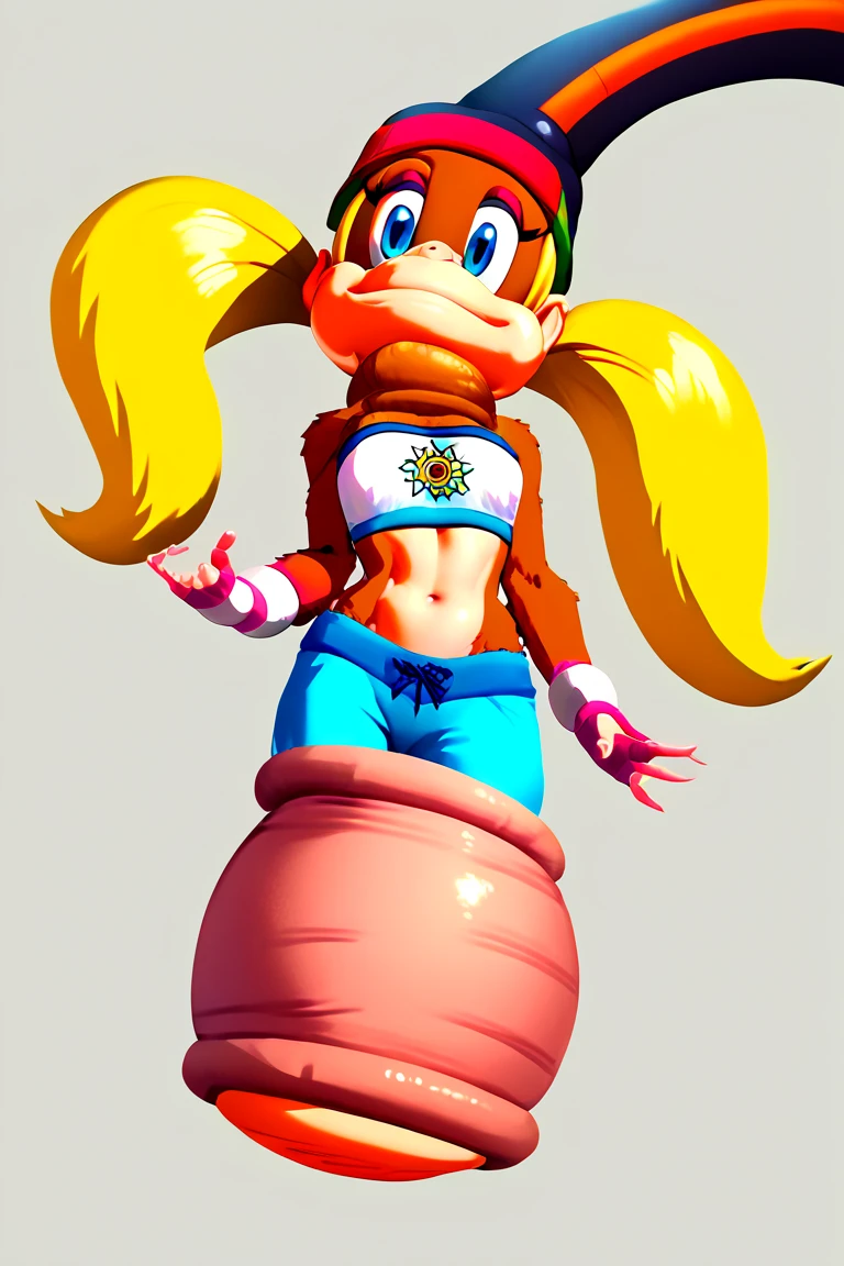 score_9, score_8_up, score_7_up, score_6_up, score_5_up, score_4_up, 1girl, solo, cellvore, tail vore, t_kong, blonde hair, twintails, blue eyes, crop top, wristband, midriff
