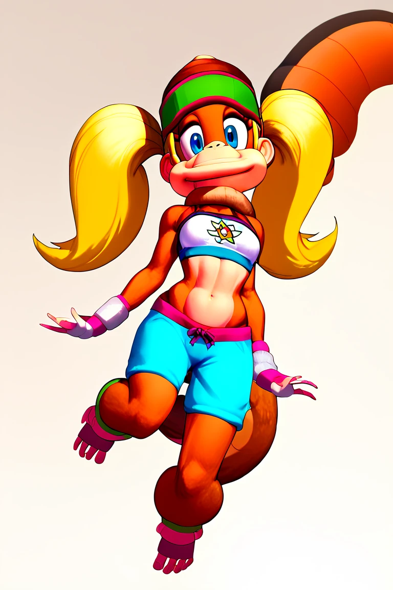 score_9, score_8_up, score_7_up, score_6_up, score_5_up, score_4_up, 1girl, solo, cellvore, tail vore, t_kong, blonde hair, twintails, blue eyes, crop top, wristband, midriff