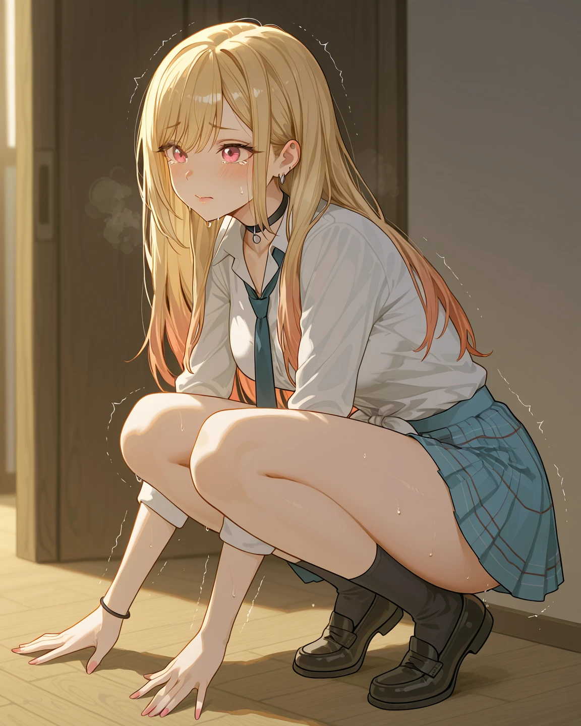 masterpiece, highest quality, High resolution, Kitagawa Marin, 1 girl, blonde hair, long hair, colorful hair, red eyes, jewelry, earrings, earrings, , white shirt, tide shirt, black choker, blue tie, plaid skirt, sitting, spread your legs, panty shot, inside the toilet, Pissing