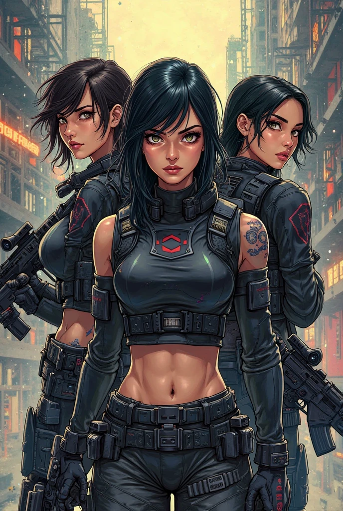 ((best qualityer)), ((Perfect masterpiece)), (detailded: 1.4), (absurdrez), (((jacket and short shorts))), (((Unripe))), (((krysten ritter))), (((whole body, corpo fitness, neckline showing part of the breasts)), (((Woman with black hair, blushful))), 21 year old woman, beautiful sexy woman, giant robot pilot, wild with perfect corpo fitness, wearing small mecha battle armor clothes, tiny thong, Simon Bisley styled for the cover of Heavy Metal magazine, clothing with Japanese cyberpunk graphic patterns, Halftone pattern and vertical stripes, earth tone, exiting the body of a giant robot
