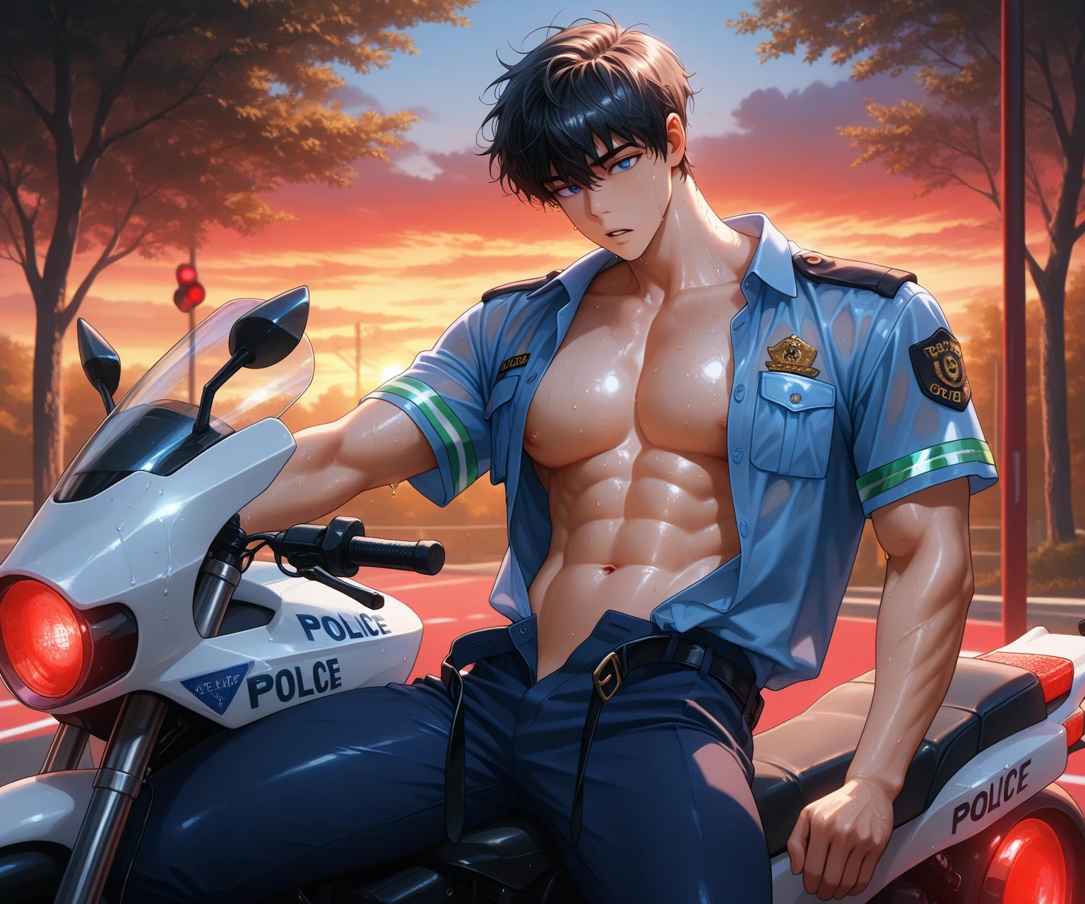 man, black hair, short hair, police, Delgado, bloomed shirt, shows his beautiful torso.