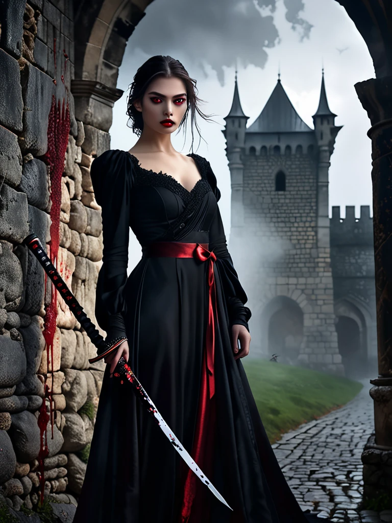 A woman in a black and red outfit holding a sword