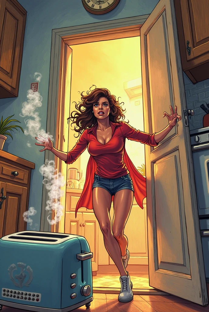 detailed illustration (side view),dynamic angle,ultra-detailed, detailed eyes, detailed face, 1girl, night , nightime, stars, 1940’s wife, tight and strained button up blouse and long skirt, anime eyes, lidded eyes, fiery eyes, yelling, shouting, angry, standing in kitchen, domestic goddess, black hair, huge breasts, wholesome yet sexy, motherly, nurturing, MILF, glass sliding door, moonscape outside, dark blue eyes, highly detailed eyes, detailed eyes, bright eyes, long hair, wavy hair, red lips, buttons straining, cleavage too big, gaps between buttons, chest busting out, furious, yelling at camera, pointing at camera 