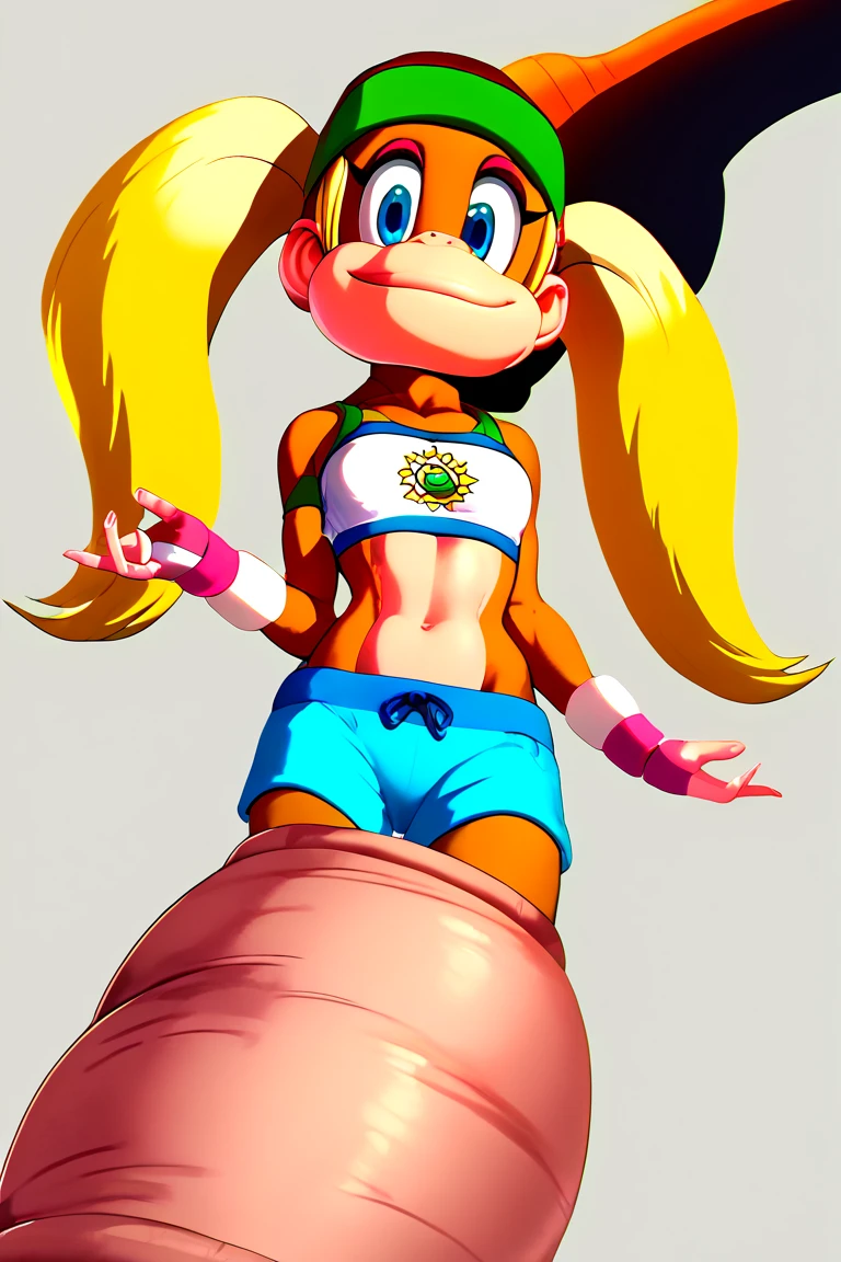 score_9, score_8_up, score_7_up, score_6_up, score_5_up, score_4_up, 1girl, solo, cellvore, tail vore, t_kong, blonde hair, twintails, blue eyes, crop top, wristband, midriff, face cover, head cover