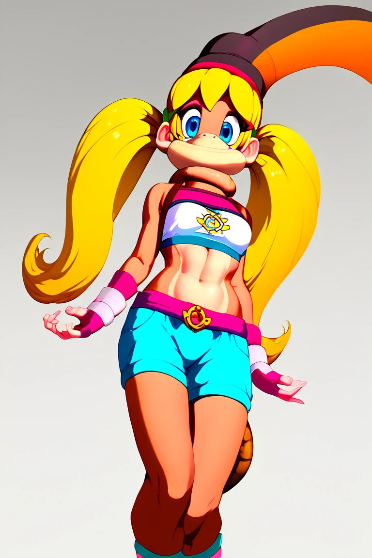score_9, score_8_up, score_7_up, score_6_up, score_5_up, score_4_up, 1girl, solo, cellvore, tail vore, t_kong, blonde hair, twintails, blue eyes, crop top, wristband, midriff, face cover, head cover