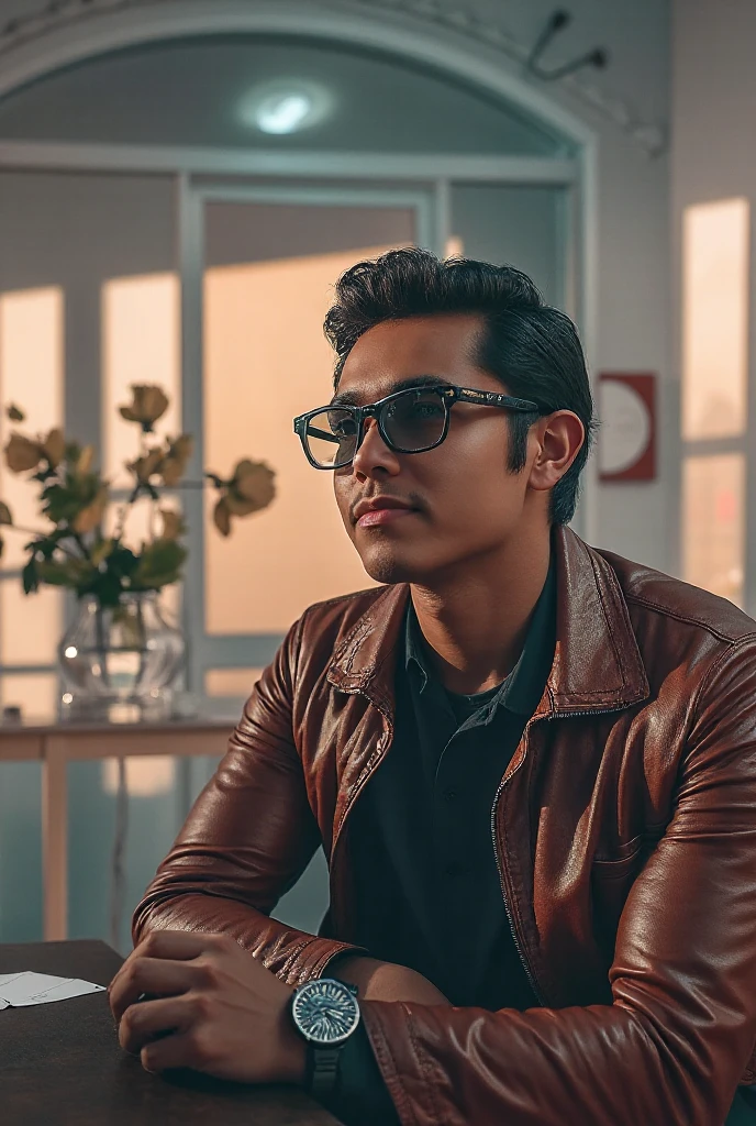 create a 3D illustration of an animated character of an adult man with an Indonesian face, wearing a black jacket, neat and neat trousers, sitting on a wooden chair, the background is illustrated with the name Gus Maksum