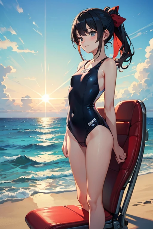 Masterpiece, best quality, (stunningly realistic CG unity 8k wallpaper) (top-level illustration), (exquisite shading) Aesthetic Beauty, modern ink meets urbanpunk, A high ground angle shot, a pretty smiling woman (black hair flowing in the wind, light swimsuit revealing the curves of her body) sitting on a bench at the beach after swimming, very windy weather, leaves flying and twirling in the air,
Dynamic angle capturing every intricate detail,
Multicolor explosion of vivid hues,
Blur effect adding energy and movement,
Sharp focus on the woman's expressive face,
UHD resolution showcasing every