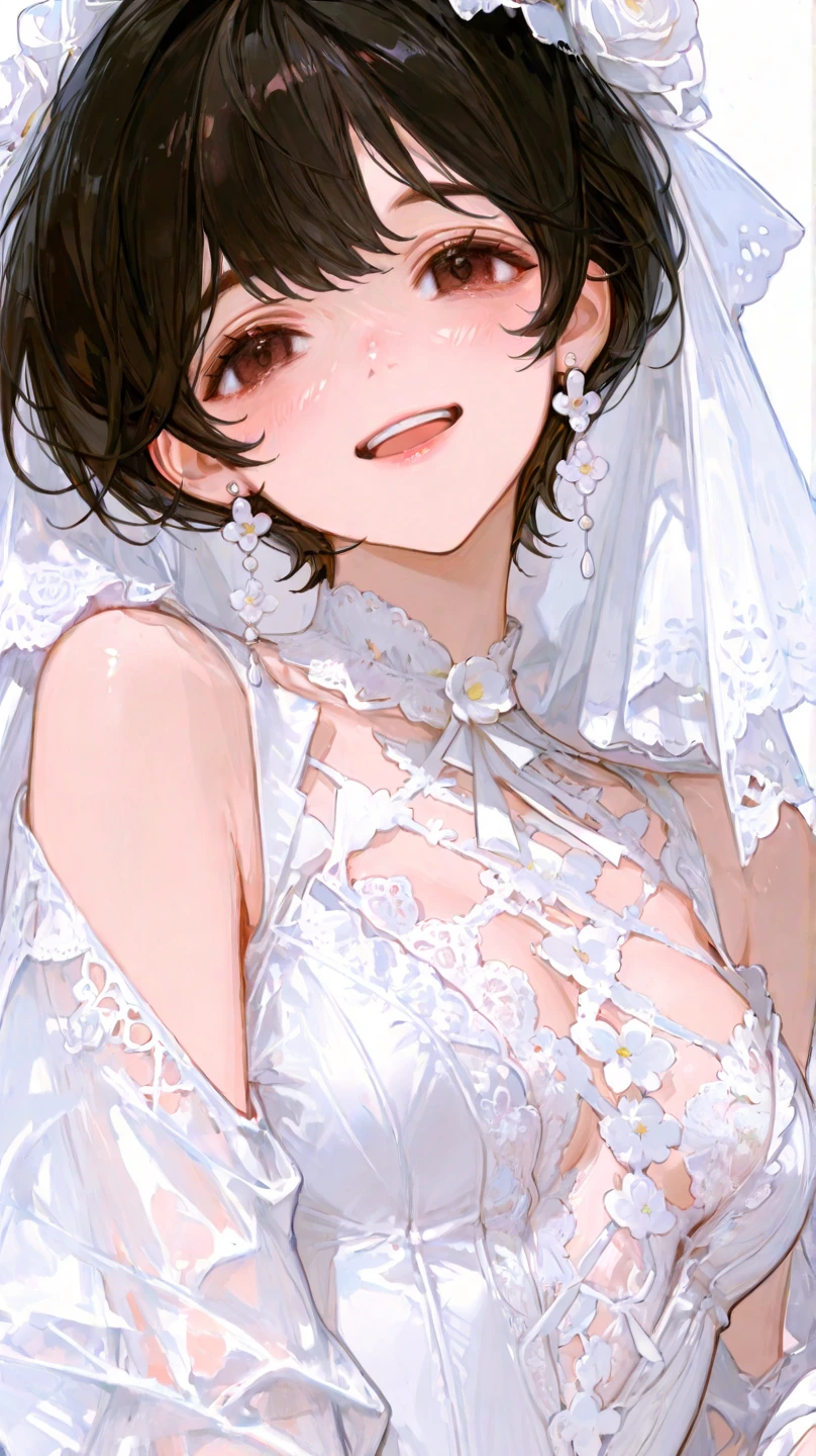 zoom layer, 1girl, wedding dress, medium breasts, standing, white background, (arms held back), black short hair, blunt bangs, smile, prominent blush, <lora:zoom_layer_v1-000005:0.7>