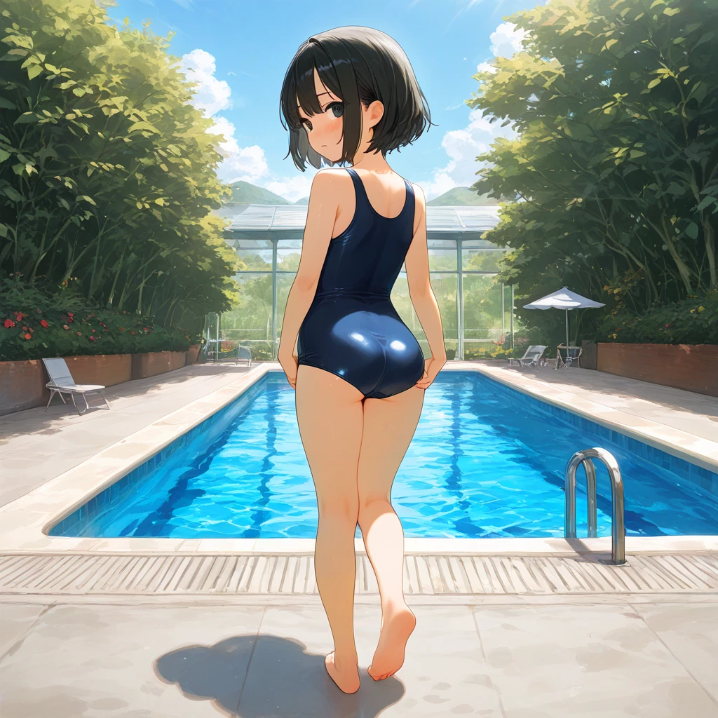 The Wind of Sincerity, anime, after the rain, Moving visual effects, Natural glare. Cute Woman, (((Thick thighs)))、A 20-year-old with a gentle face，Exposed female genitalia, ，The crotch is exposed，Tanned girl in a swimsuit、short hair，，Look at the viewer and smile、，Put your arms behind your back.  