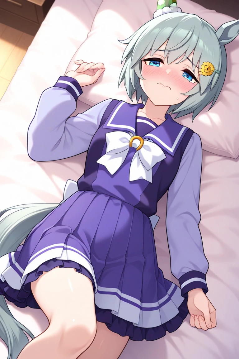 {{{{{mochizuki anna}}}}},1girl,solo,long hair,purple hair,small_ahoge,blue eyes.short stature.white t-shirts.suspenders.skirt.(((masterpiece))).(((best quality))).((ultra-detailed))).(((illustration))).night view.big breasts.up chest.Sad face.open mouth.PILLOWS.a bed.Spread your arms.sweat.