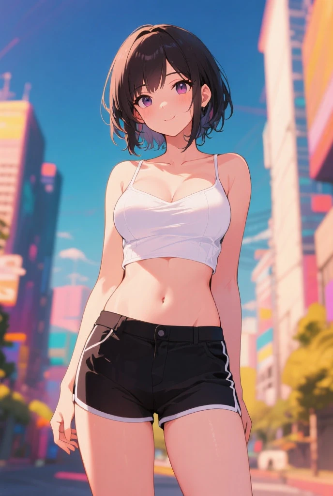 (masterpiece, best quality:1.37), high resolution, Very detailed, Super sharp, rest, Korean school idol, (((1 girl:1.37, Solitary))), (Beautiful anime face, Cute face, Delicate face), (Black Hair, Thinning hair, short hair, Bangs, Ji Qie), Beautiful blue eyes, rest, ((Detailed Grey Sports Bra:1.5), (Detailed shorts:1.5)), rest, Cute appearance, Watermelon ears, Detailed clothes), A faint smile, shut your mouth, Open your lips, Pink lipstick, rest, ((Everlasting, put your arms behind your back,:1.3, Cowboy shooting)), Detailed human hands, HDTV:1.2, ((Detailed sunset New York city downtown street scene background:1.3)), 8 life size, Slender, Anime style, Anime style school girl, Perfect anatomical structure, Perfect proportion, Inspired by Kyoto Animation and A-1 Pictures, night, Excellent lighting, Vibrant colors, Clear lines, lifelike,Nude