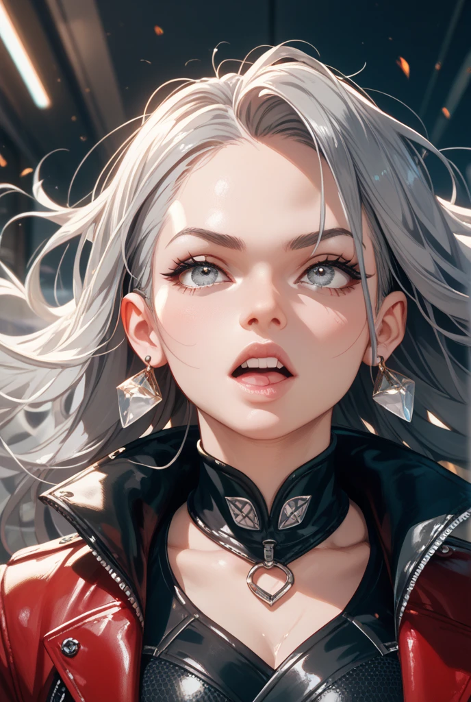 (masterpiece:1.3), (8k, photorealistic, RAW photo, best quality: 1.4), (1girl), (((Ciri from Witcher 3 with massive breasts))), overflowing cleavage, buttons straining, breast expansion,beautiful face, (realistic face), beautiful white hair, realistic red eyes, beautiful detailed red eyes, (realistic skin), beautiful skin, (fur outfit), absurdres, attractive, ultra high res, ultra realistic, highly detailed, golden ratio, deep cleavage,, ((facial curved scar  left cheek)), ((dark colors )),