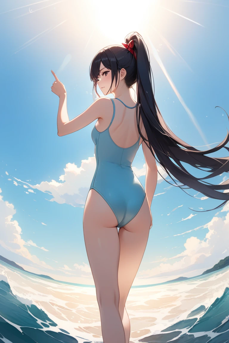 (masutepiece), (Best Quality), hyper detailed illustration,beautiful artwork,(Extreme Detail CG Unity 8K wallpaper、masterpiece、top-quality)、(exquisite lighting and shadow、highly dramatic picture、cinematic lens effects)、 girl is wearing a swimsuit and posing in the sea。, 1girl in, (School Swimsuit:1.3), Solo, onepiece swimsuit, Outdoors, Long hair, Wet, Sun, Looking at Viewer, playing in the water, breasts, Covered navel, skyporn, Water, Black hair, Smile, cloud, Brown eyes, competition swim suit, day, Small breasts, Bangs, Sunlight, ass visible through thighs, Blue one-piece swimsuit,(Wet:1.2),(from behind),(Water splash),Facing,Hands on hips,(straggling hair),arched body, Dramatic Horizon,Radiant Sunset,Look back,(Sweat:1.2),hair messy,(Hands on hips:1.2),(Navy blue school swimsuit:1.2),