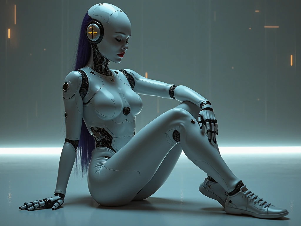 In the dimly lit alleyway, a stunning android woman sits atop a rusted metal bench, her mechanical limbs splayed out like a delicate flower. The air is thick with mist and neon hues, casting an eerie glow on her porcelain-like skin. A flowing white leather dress wraps around her curves, cinched at the waist by a slender belt. Her piercing blue eyes seem to bore into the viewer as she reclines, mechanical parts gleaming beneath the surface of her pale flesh. The camera captures the intricate details of her cybernetic enhancements, juxtaposed against the gothic architecture surrounding her. With photorealistic precision, this masterpiece transports viewers to a world of seductive dark fantasy, where diesel punk meets gothic art in a captivating dance of shadows and light.
