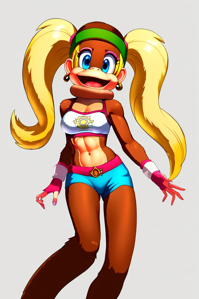 score_9, score_8_up, score_7_up, score_6_up, score_5_up, score_4_up, 1girl, solo, cellvore, tail vore, t_kong, blonde hair, twintails, blue eyes, crop top, wristband, midriff, face cover, head cover, furry, girl_monkey
