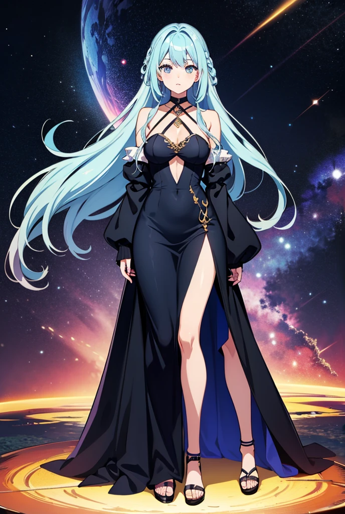 Woman with very long wavy galaxy hair tan skin, massive breast, wearing a beautiful dark majenta glitter dress and smiling up. Little, surrounded by outerspace, planets, and galaxies