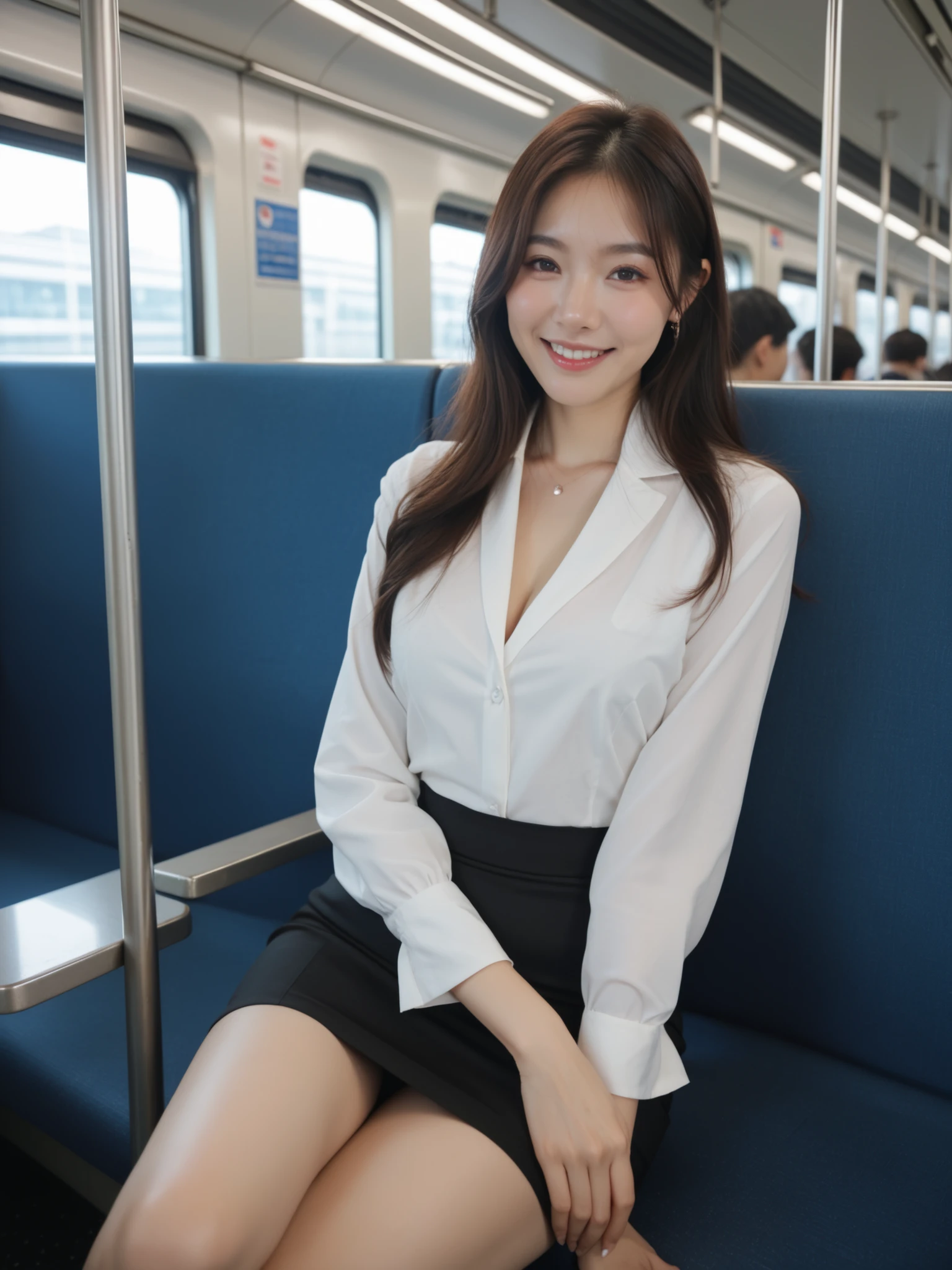 1 female, thighs, sitting on the train, office lady, realistic, Raw photo, white shirt, pencil skirt, pantyhose, pumps, medium hair, bangs, looking at the viewer, highest quality, 8K、big breasts, (fold your arms),smile、A big smile、