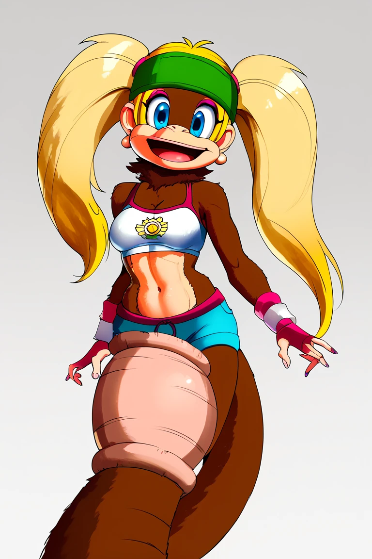 score_9, score_8_up, score_7_up, score_6_up, score_5_up, score_4_up, 1girl, solo, cellvore, tail vore, t_kong, blonde hair, twintails, blue eyes, crop top, wristband, midriff, face cover, head cover, furry, girl monkey, hair mid-cover