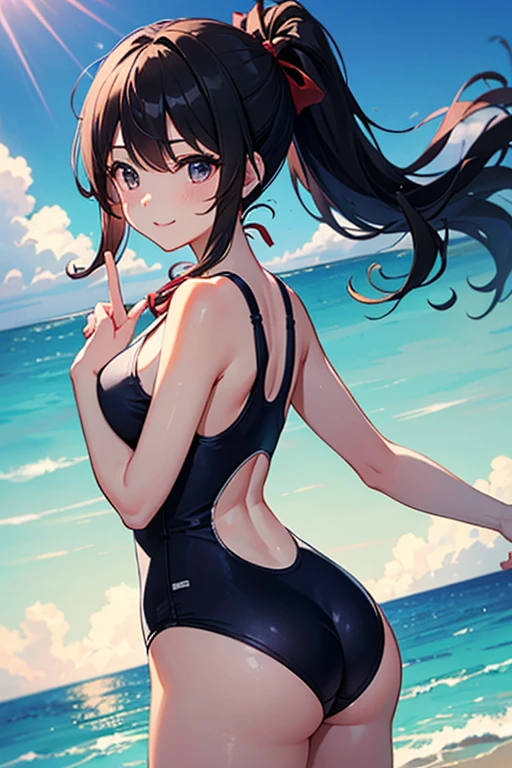 Summer sky Summer sunshine Beautiful girl playing in the sea Light blue long hair Beautiful girl with twin tails One piece swimsuit Many girls are playing in the sea Bright smile Seagulls are flying in the sky There is a yacht floating in the sea