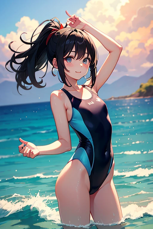 (masterpiece, best quality, 8k ultra high resolution:1.4), (Tropical, Beachside, Flowers: 1.4), depth of field, cinematic focus, from dramatic angle, emotional composition
BREAK
young kawaii girl, slender body, flat chest, provocative and smirk and love face expression, ultra detailed shiny skin, dark blue one-piece swimsuit, (wet and shiny detailed swimsuits: 1.2), wet and shiny thighs, perfect hip
BREAK
(realistic: 1.2), beautiful pony-tail hair, wind, detailed in the wind, petals dancing in the wind
BREAK
ultra detailed crystal eyes, bright red jewelry eyes