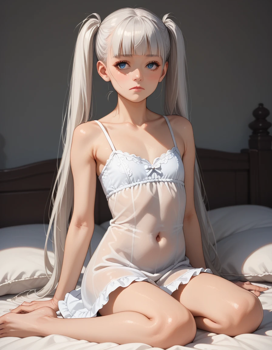 masterpiece, amazing, 8k, detailed, 1girl, ((from above)), white tights, (looking up), ((long sleeves)), ((white sleeves)), (off shoulder), hair flower, gray hair, Emilia, ((cute face)), detailed background, garden, (Overhead view), dynamic angle, close-up, ((whole-length)), (white shoes), (standing), smiling, ((hands behind back)), (head tilted to the side), ((tousled hair)), ((naked breasts)), ((naked boobs)), ((nipples)), ((transparent outfit)), ((wet clothes)), ((wet outfit))