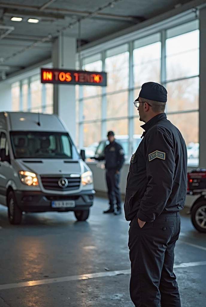 European border guard is inspecting a van at a border check point. the guard is outside the vehicle. the guard is looking inside the  van at a closed box.
