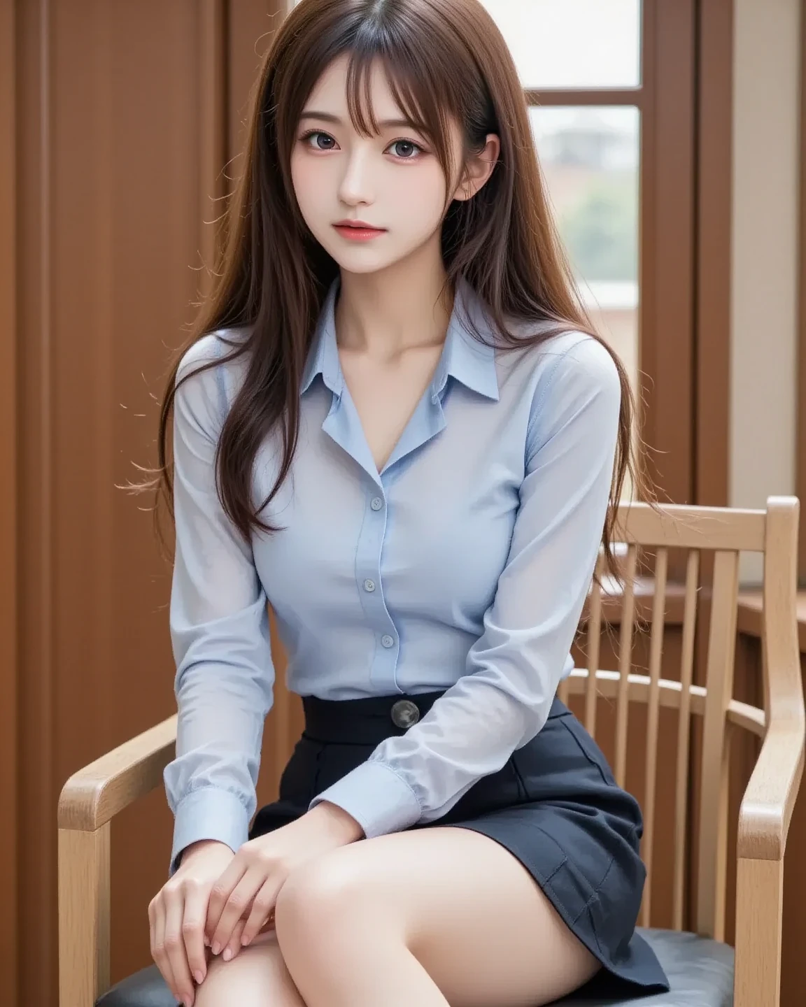 Japanese、high school student、Beauty、Facing forward、Kind eyes、Smiling Kindly、He is wearing a long navy blue short-sleeved polo shirt、She is wearing a grey tight long skirt、Sitting in a chair、Hands outstretched、((Her white underwear is visible between her skirt and legs.))、(Wearing white panties)、She is facing the camera with both knees together.、Anatomically correct body、