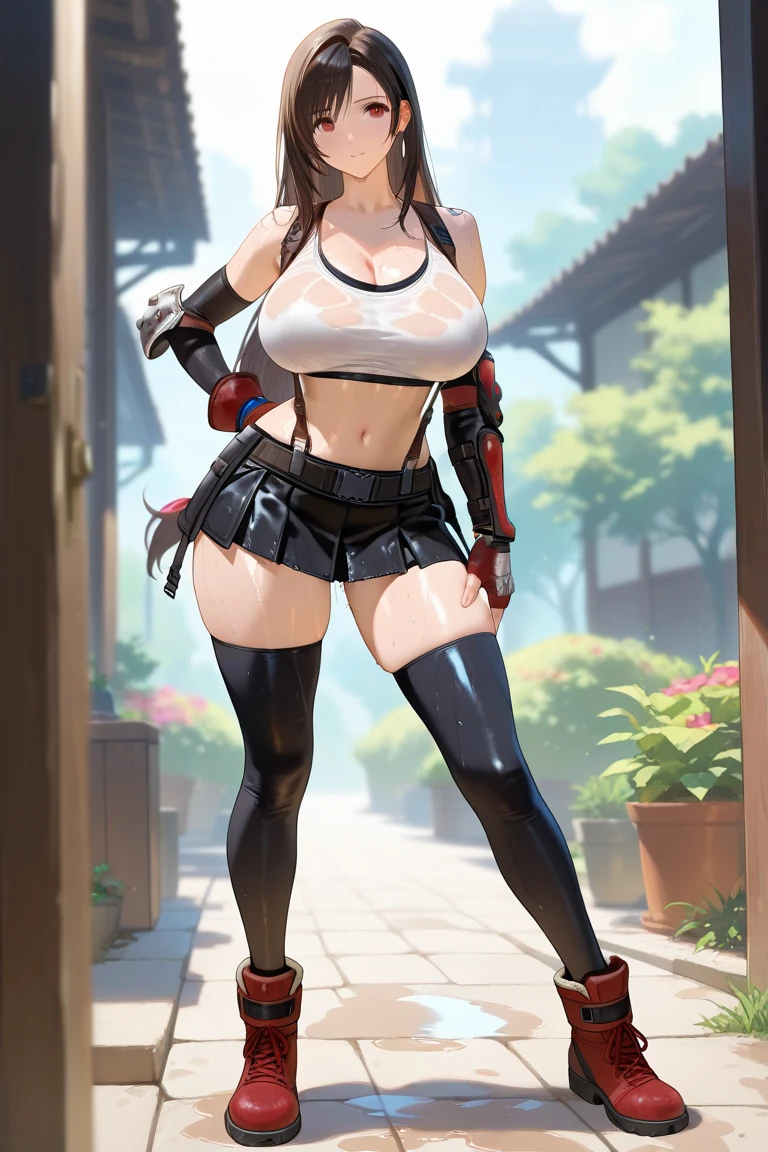 ((Masterpiece)), ((Best Quality)), 8K, high image quality, super detaill, Mikasa Ackerman, 1girl,solo,(A red scarf is tied around the neck.), Wear the Attack on Titan Survey Corps costume., boxer shorts, stocklings,large breasts,black thighhighs,NSFW,ass, bare hands, Black-eyed,Vibrant.,cheerful