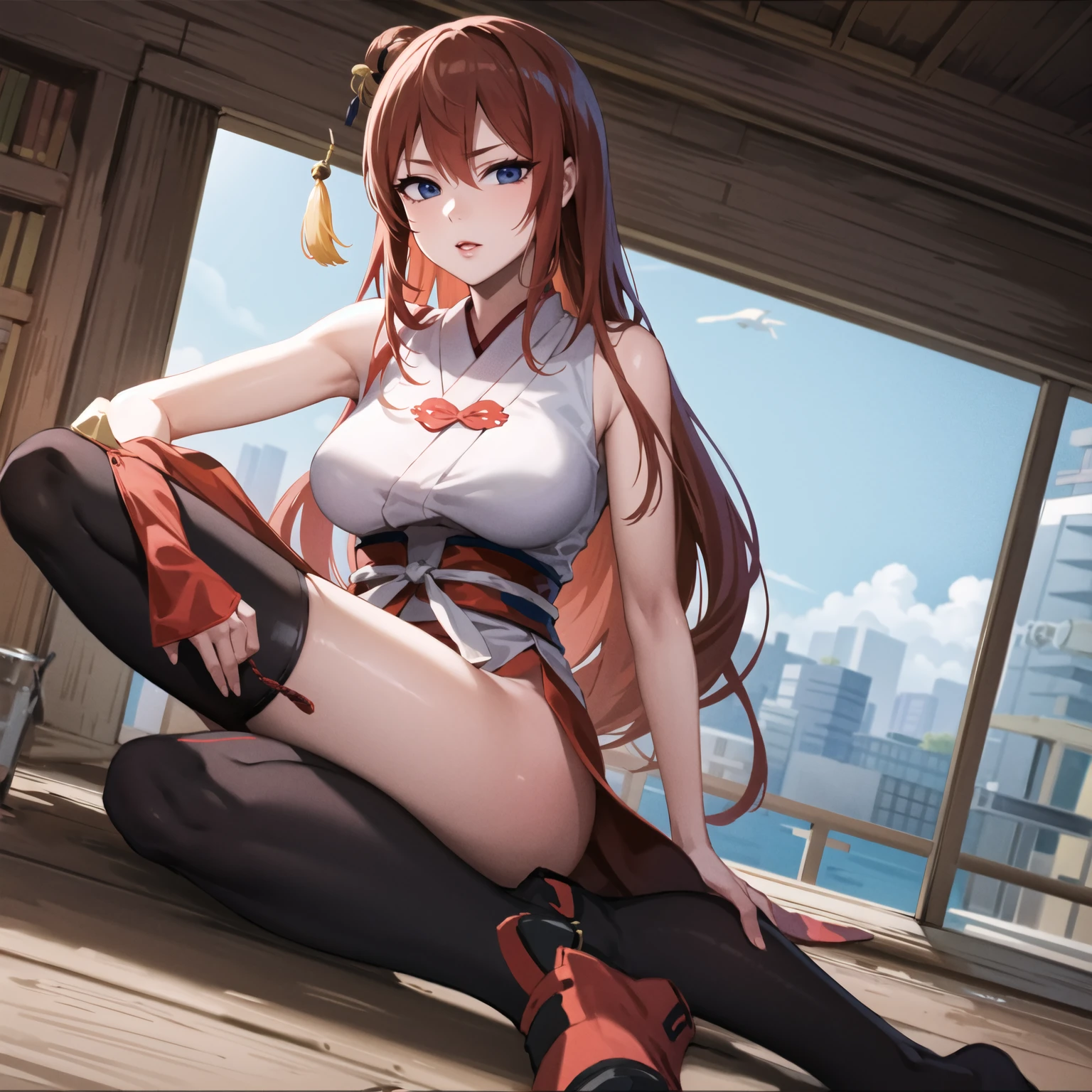 ((masterpiece,Highest quality:1.3)),1woman,30 year old beauty,独奏,((very small head:1.3)),red hair,long hair,blunt bangs,red eyes,gorgeous eyes,shy,in heat,Heavy breathing、medium breasts,((very long body:1.2)),((toned body,slender body,skinny)),gleaming skin,shiny skin,sweat,((Red pleated mini skirt)),(White tube top、navel、bara shoulder, white_thighhighs),Short leather boots、Casual wear、lying,Straw pile、Hut、rural area、sunny、Medieval Europe、nsfw,