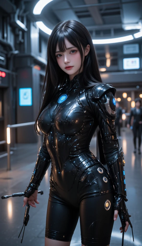 (masterpiece:1.1, Best Quality:1.1, 16K HDR, High resolution), (1girl in, Solo), (GANTZ&#39;s Reika Shimodaira&#39;s ultra-realistic portrait),  (Black hair, Long hair), (Latex bodysuit, realistic gantz suit, Detailed Gantz Suit, Black Suit), long boots, (ultra gigantic tits, Inside an abandoned building, Dark atmosphere), (Perfect slim body), hyper derailed face, Detailed eyes, Realistic skin texture, (((flashing tits))),