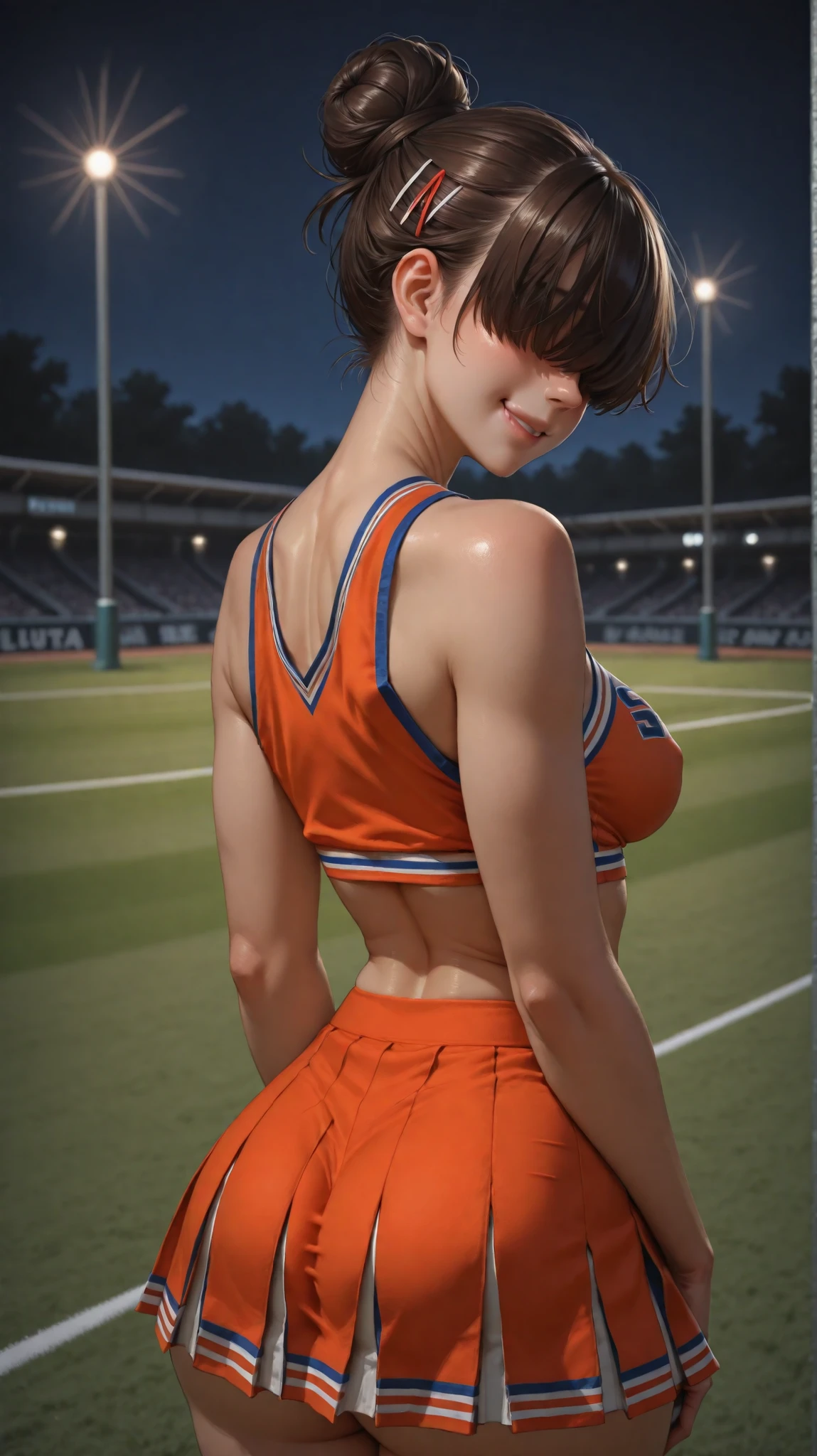 Highest quality}, {so beautiful}, {Very detailed}, {Best illustrations}, Browsing Caution, Realistic, masterpiece, Highest quality, (Beautiful Eyes), Short Hair Woman:1.5, One mature woman, Huge breasts, Sweat, night, Outdoor, in the stadium track field, racing bra,racing buruma, Grin, Wet Face, Wet body, Earrings, Central opening, Put your arms behind your body、Camel Toe, Great tit, Nipple puffs, Cleavage, Plump, overtake, overtakeデカ尻