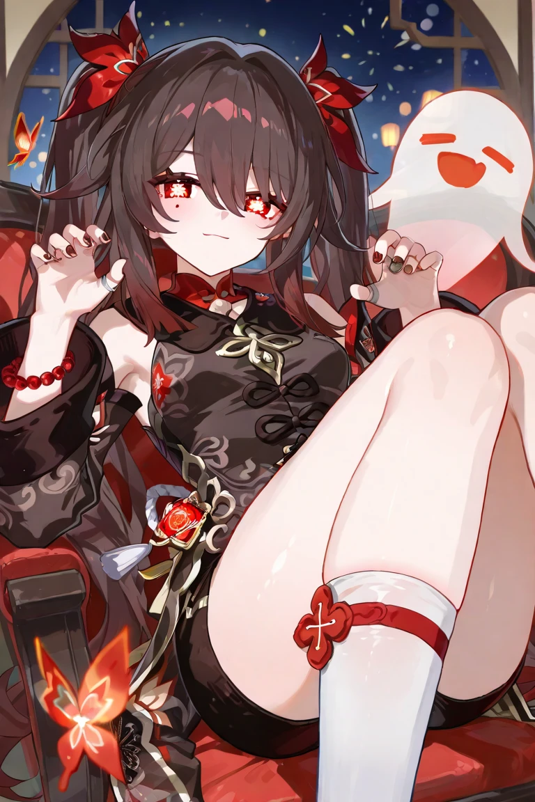 anime artwork, score_9, score_8_up, score_7_up, score_6_up, score_5_up, score_4_up,sparkle \(honkai: star rail\),1girl, twintails, black hair, small breasts, red eyes, red eyeshadow, fox mask, , , , , she is 24 years old, , ,horny, style_3, floox style, . She has fluorescent pink eyes with tiny black dots under each of her eyes.. naked, , naughty smile, , towel wrapped around body, sit in sofa, leaning on back, grey background, thick thighs, naked towel, wine on legs, hand on crotch, spread legs