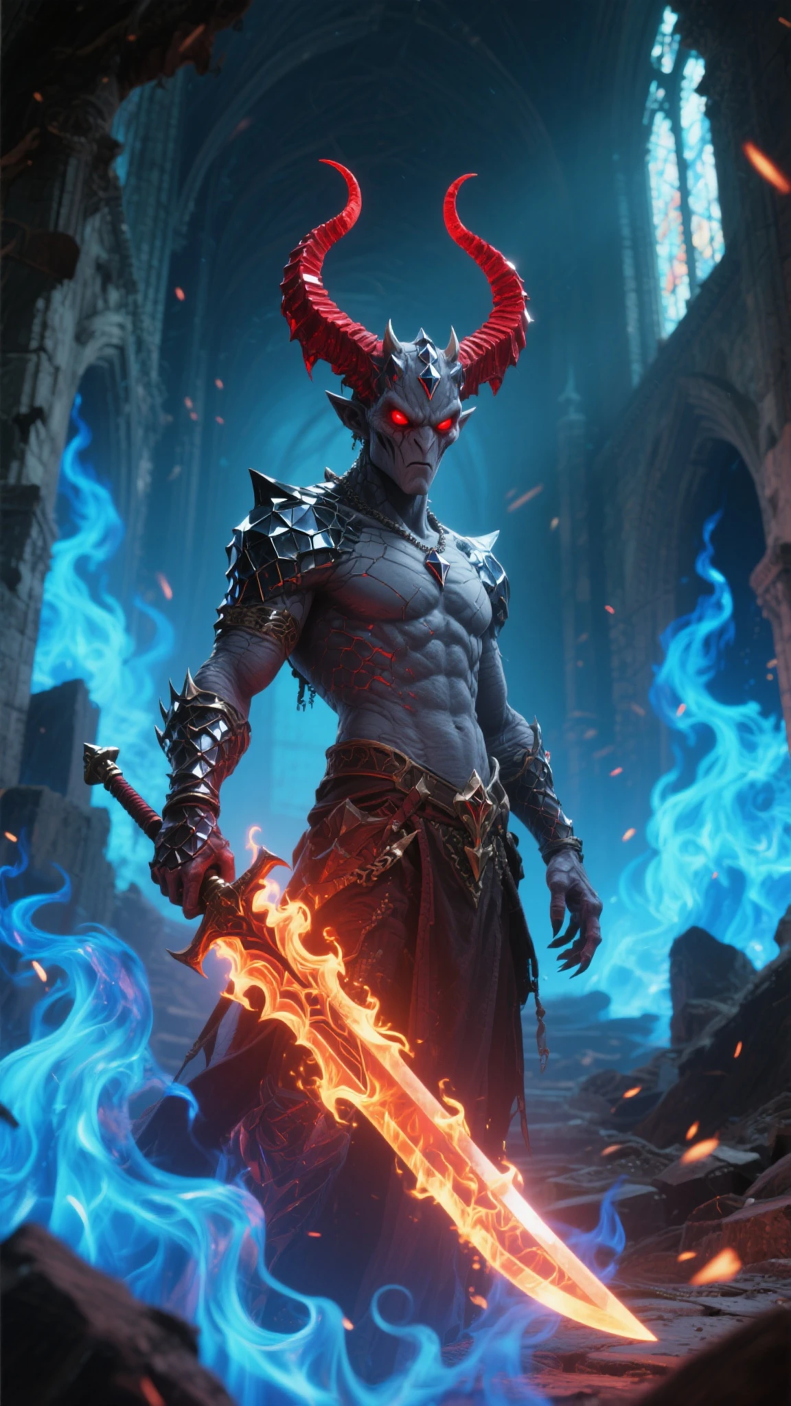 there is a male character with a dragon on his chest, fit male demon with white horns, epic fantasy digital art style, demon male, epic fantasy art style, muscular male hero, muscled humanoid balrog demon, human male demon, epic fantasy art style hd, epic fantasy style art, epic digital art illustration, 2. 5 d cgi anime fantasia arte