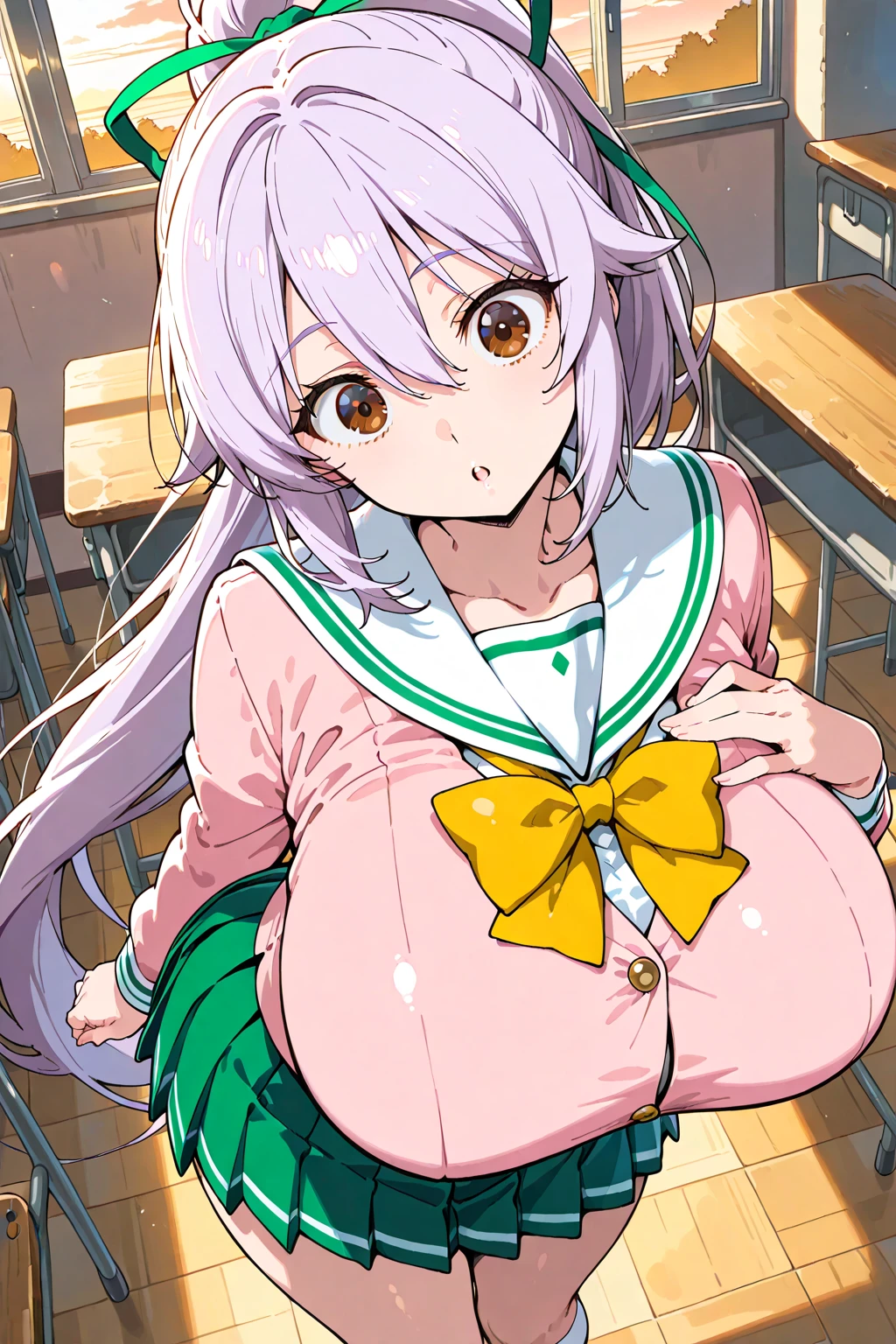 ((Best quality)), ((masterpiece)), illustration, high-res, prefect lighting, (dynamic angle), (((clean and clean))), absurdres, (((clean and clean))), 1girl, sole, comfort, stillness, chizuruchankaihatsunikki,  <lora:Concept_Seiza-LookingUp:1>, seiza, kneeling, leaning forward, nsfw, completely nude, looking at viewer, matured, closed mouth, closee-up, eye reflection, purple hair, long hair, hairclip, purple-red-red eyes, full-face blush, (heart-shaped pupils), large breasts, school uniform, green jacket, green pleated skirt, (((zettai ryouiki))), highthighs, enchanting expressionless, [scowling], (happiness), enjoying, happt, (detailed face description), (detailed eyes description), one black choker on the floor, one white choker on the floor, one red choker on the floor, amazing quality, octane rendering, after school, school, afternoon, class room, [[floor reflection]], huge anal beads on the floor.
<lora:ChizuruchanKaihatsuNikki-08:0.7> <lyco:torogao_v4-000010:0.6> <lora:add_detail:0.25> <lora:rainbow:0.25> <lora:anal_beads_v0.2a:1>