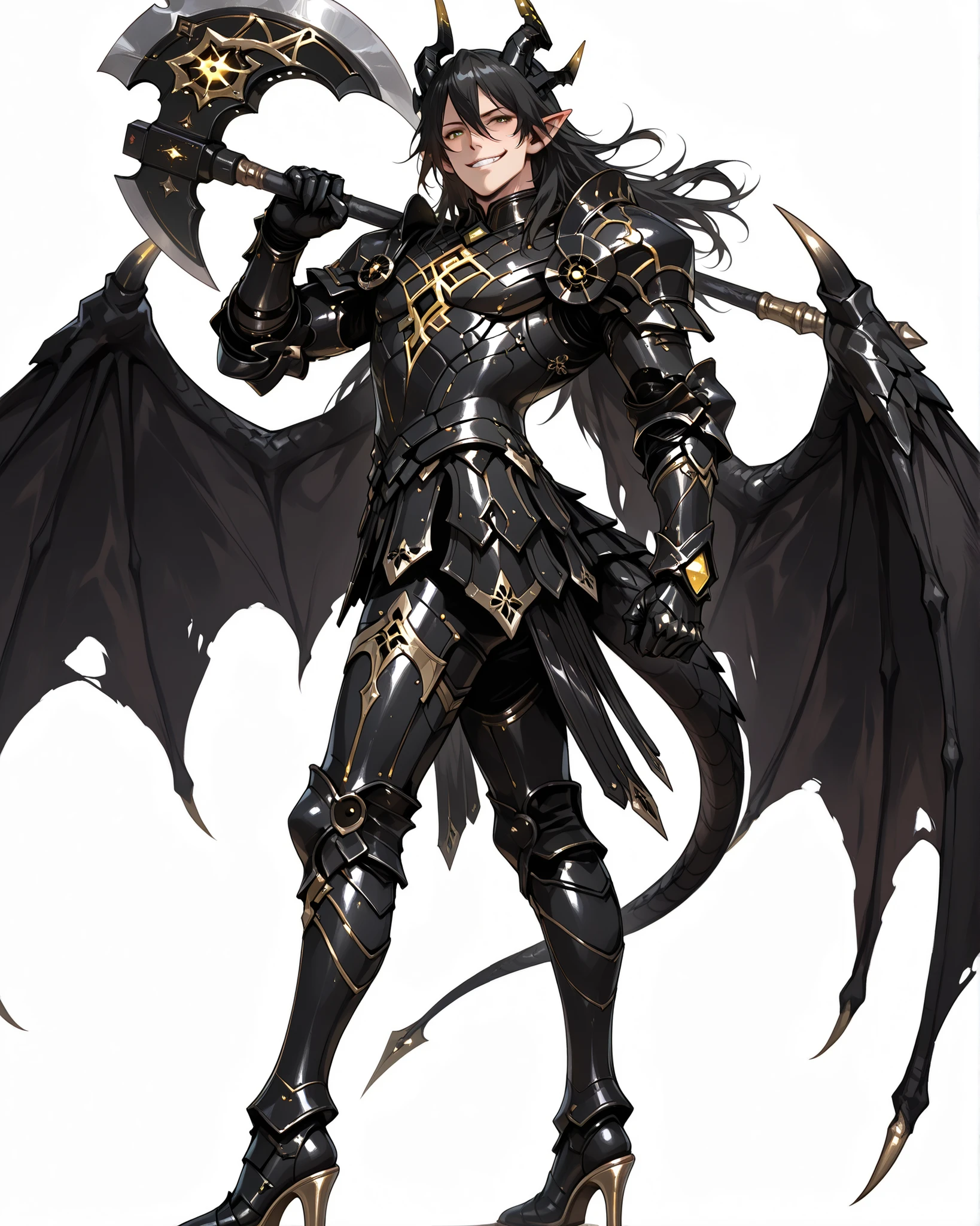 score_9, absurdres, (masterpiece, best quality: 1. 5), highres, 8K wallpaper, CG, (((Anime))), (1 male), solo, lean body, (masculine), (floating in the air), weredragon, japanese anime style, glossy black, shiny black leather, ((beautiful golden eyes, finely detailed eyes, bright eyes, vertical iris)), hair between eyes, black hair, long hair, sideburns, wild hair, unkempt hair, (sly grin, smirk, evil smile), teeth, confident, ((ultra detailed face)), shiny skin, long pointy ears, twisted torso, long-legged, sculpted face, wasp waist, dragon horn, dragon tail, dragon wings, dragon sharp claws, (black armor with a lot of grandiose decorations), half dragon half human, dramatic angle, dynamic posture, ((holding giant axe on shoulder)), ultra detailed black armor, black armor with gold accent, all black outfit, full body, emphasize face, focused expression, sharp focus, good-looking man, well-polished black armor, charismatic pose, (best illustration), cinematic, dramatic lighting, (intricate detail, super detail, extreme detailed, super detailed: 1. 5), (highly detailed artwork), dramatic shadows, tenebrism, chiaroscuro, wonderful pose, chiseled features, stark contrast, heavy shadows, detailed black decorations, beautiful and aesthetic, photoreal, from side, (mysteriously crafted black metal armor: 1. 5), sparkling accessories, thick and luxuriant hair, ultra detailed fantasy black armor, dressed in black, broad shoulder, true-to-life visuals, artistically refined, dramatic contrasts, ((extremely delicate and beautiful armor, elaborate armor details)), (dark armor, stylized armor), exquisite goldwork, wonderful black armor, armor with intricate engravings, ((armor-type high heels)), ((detailed shoulder armor with intricate engravings, gold accent black armor)), (128K Ultra High Resolution), very gorgeous and dazzling, dark fantasy black knight, slim waistlines, wide chested, sinewy body, simple white background, (((Hyper Detailed & Perfectly Designed Black Armor)))