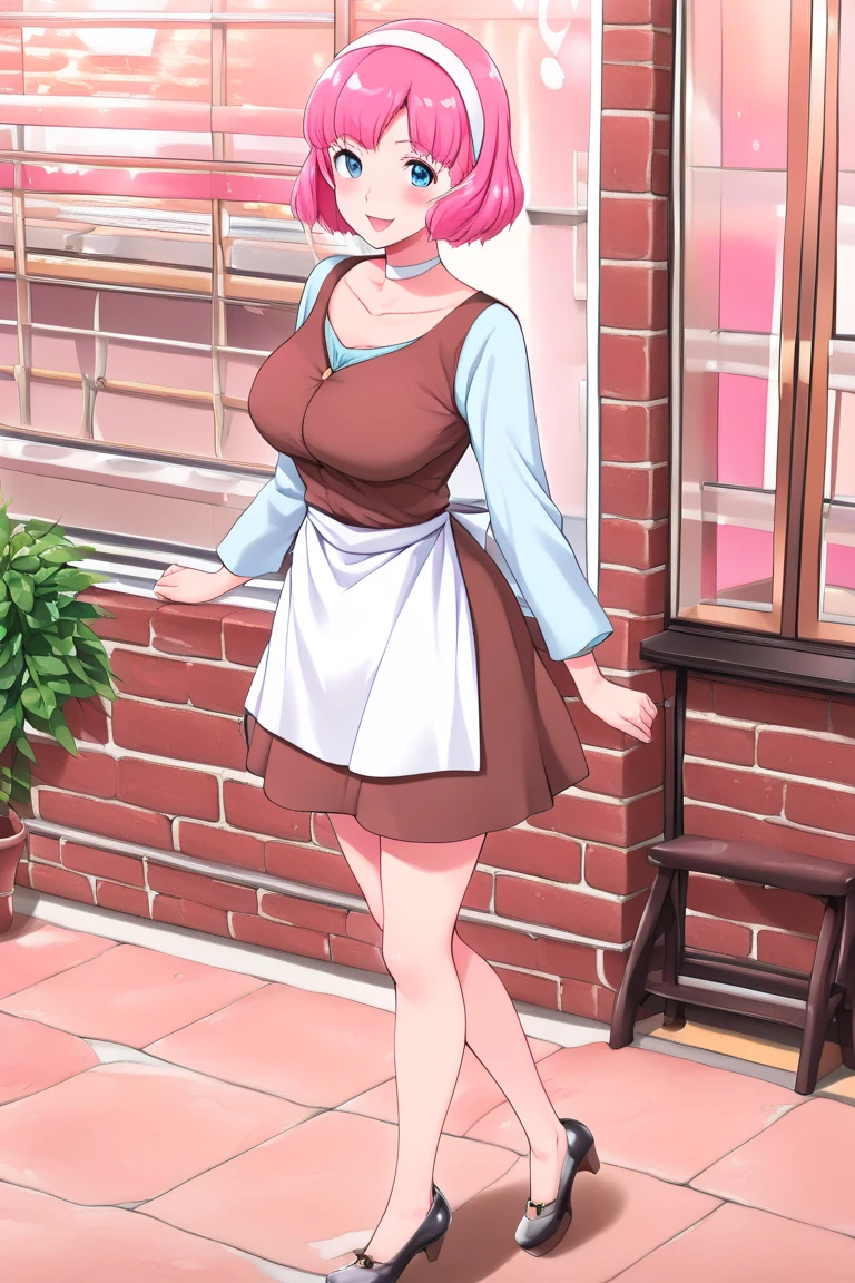 1girl, solo, nakano ichika, pink short hair, (naked:1.3), (white apron), large breasts, cleavage, thighs, cafe background, (blushing:1.2), smiling