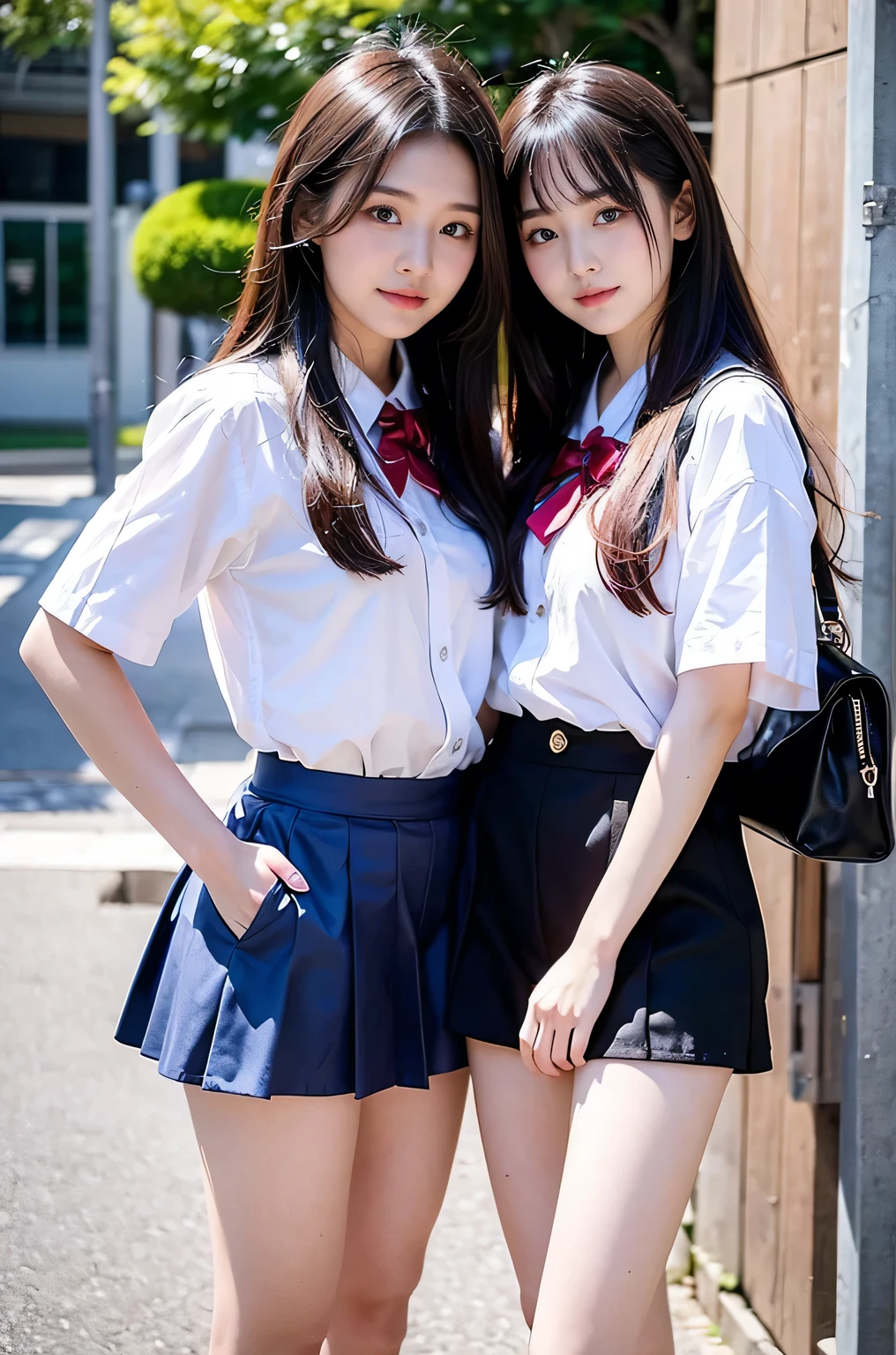 Two girls (18 years old, Japanese pretty face) are wearing high school uniforms with mini skirt on Spring sunny day.