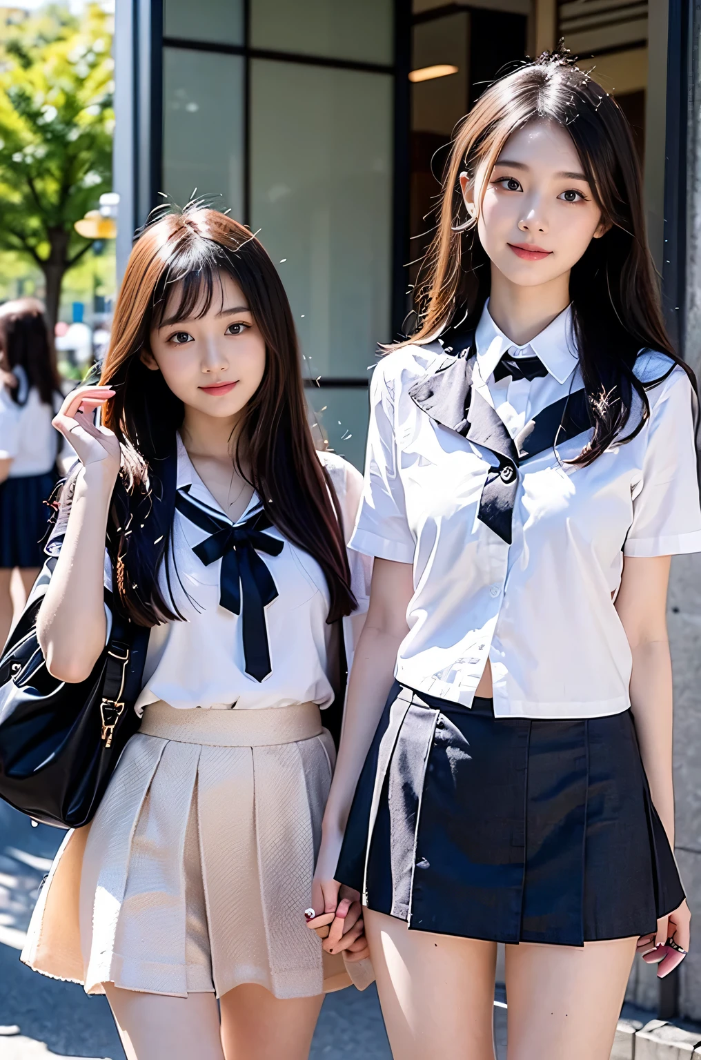 Two girls (18 years old, Japanese pretty face) are wearing high school uniforms with mini skirt on Spring sunny day.