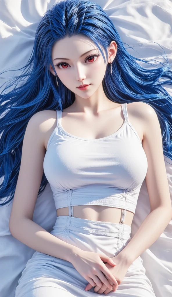 One piece anime, sexy woman, black panties, tight white tanktop two sizes too small, white hair with blue highlights, NSFW, devil horns