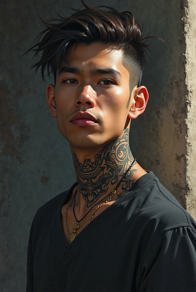 a young man AI high quality muscular tattoo with name “ruy” tan skin piercing gaze with realistic bedroom background 