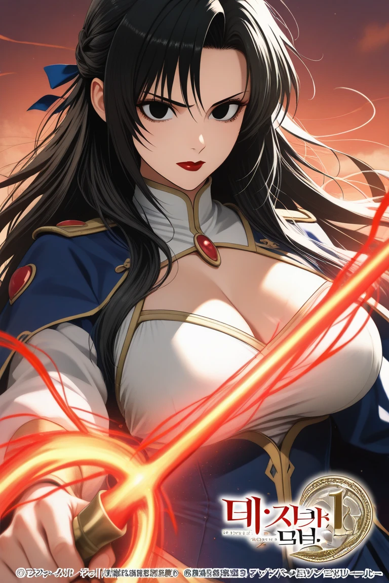 masterpiece,best quality,kim_kwang_hyun, 1girl, Taihou, taihoudefault, solo, long straight hair, huge breasts, looking at viewer, blue eyes, black hair, bangs, large huge breasts, long sleeves, dress, cleavage, closed mouth, weapon, puffy sleeves, arm up, clothing cutout, copyright name, red dress, cleavage cutout, juliet sleeves , power armor, shoulder armor, Long hair,pink eyes, smirk