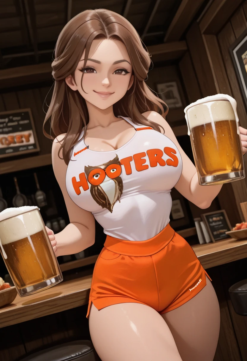 masterpiece, highres, best quality, ultra-detailed, perfect lighting, ((1boy)), dk_venti, blushing, smiling, half opened eyes, femboy hooters, short shorts, croptop, otoko no ko, detailed background, restaurant, ((holding a glass of beer))