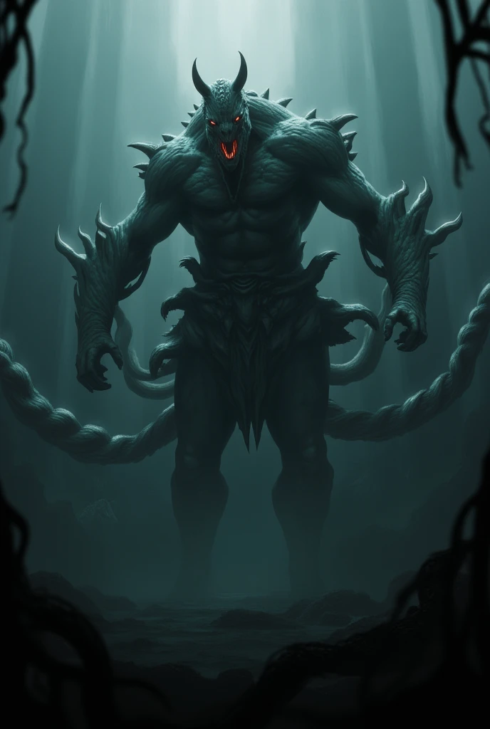 In the murky darkness, the floats the figure of Typhon -- (1) his head is that of a horse with glowing red eyes, (2) his upper torso is that of a man, and (3) instead of legs, Typhon has a mass of green serpentine coils undulating from his waist like writhing tentacles. He is the Father of Monsters and Nightmares.