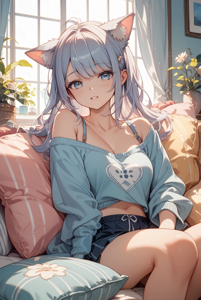 Sexy Posing, Female, 30 years old, cute, eyeliner, long hair, biting lip smile, black tube top, jean shorts, bedroom eyes, catgirl, cat ears, living room background, 8k, hi res, (best quality, masterpiece), green eyes, cat tail, Duo, twins , one happy, one annoyed, light blue hair, lying down on couch.