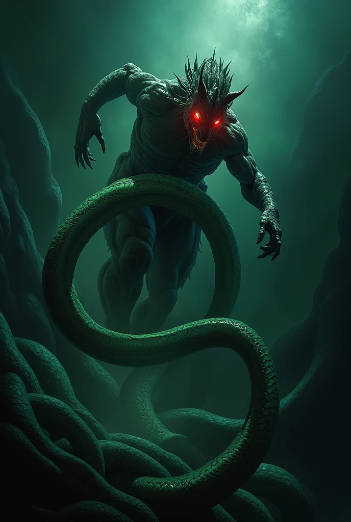 In the murky darkness, the floats the figure of Typhon -- (1) his head is that of a horse with glowing red eyes, (2) his upper torso is that of a man, and (3) he has no legs, instead Typhon has a mass of green serpentine coils undulating from his waist like writhing tentacles. He is the Father of Monsters and Nightmares.
