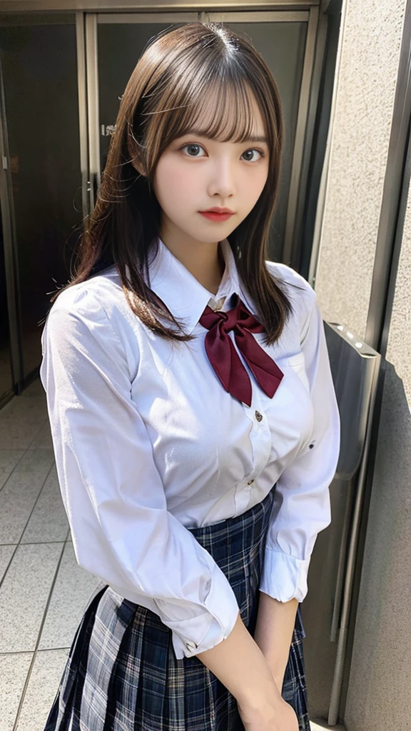 (masterpiece:1.2), Japanese, (16 years old), (a girl), (Collared shirt), (skirt), Thighs, (bow tie), room, tits,